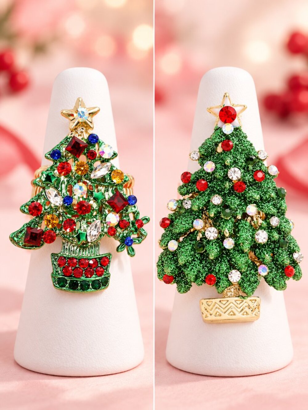 Jeweled Crystal CZ Sparkle Christmas Holiday Tree Stretch To Fit Gold Ring